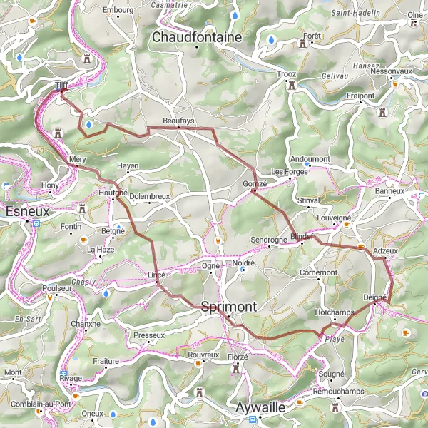 Map miniature of "Tilff Gravel Ride" cycling inspiration in Prov. Liège, Belgium. Generated by Tarmacs.app cycling route planner