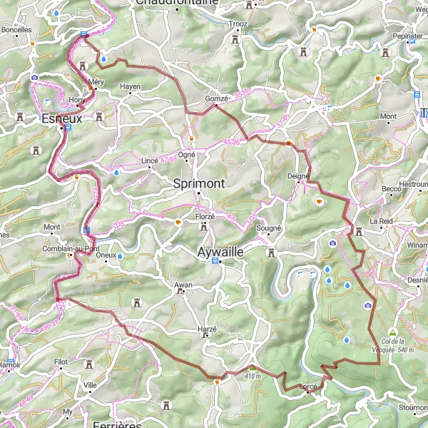 Miniature de la carte de l'inspiration cycliste "Tour des Châteaux et Monastères" dans la Prov. Liège, Belgium. Générée par le planificateur d'itinéraire cycliste Tarmacs.app