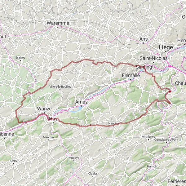 Miniatuurkaart van de fietsinspiratie "Uitdagende Gravelroute naar Mons-lez-Liège" in Prov. Liège, Belgium. Gemaakt door de Tarmacs.app fietsrouteplanner