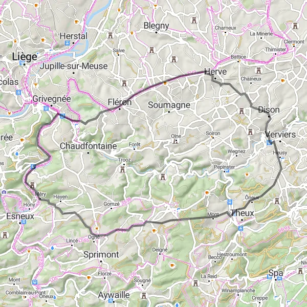 Miniatuurkaart van de fietsinspiratie "Wegroute van Tilff naar Dolembreux via Point de vue sur la vallée de l'Ourthe" in Prov. Liège, Belgium. Gemaakt door de Tarmacs.app fietsrouteplanner