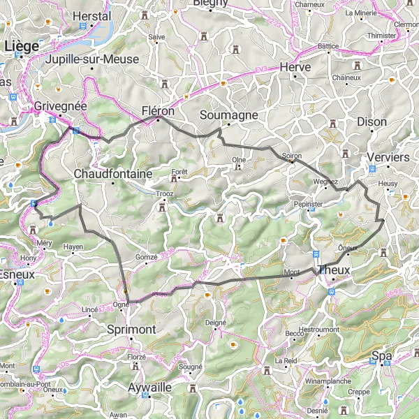 Map miniature of "Exploring the Valley of Light" cycling inspiration in Prov. Liège, Belgium. Generated by Tarmacs.app cycling route planner