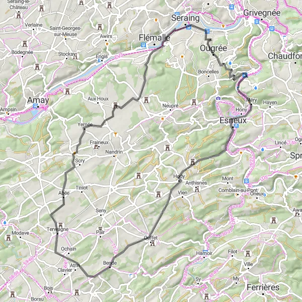 Miniatuurkaart van de fietsinspiratie "Verken de Condroz en de Maasvallei op de Fiets" in Prov. Liège, Belgium. Gemaakt door de Tarmacs.app fietsrouteplanner