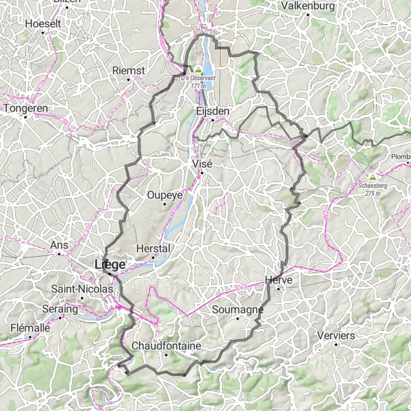 Karten-Miniaturansicht der Radinspiration "Kulturelle und Naturschönheiten von Lüttich" in Prov. Liège, Belgium. Erstellt vom Tarmacs.app-Routenplaner für Radtouren