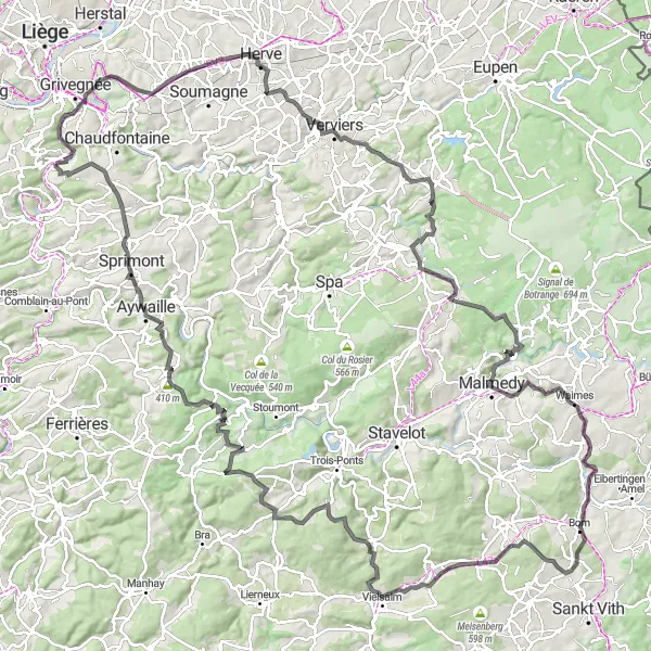 Karten-Miniaturansicht der Radinspiration "Herausfordernde Ardennen-Tour" in Prov. Liège, Belgium. Erstellt vom Tarmacs.app-Routenplaner für Radtouren