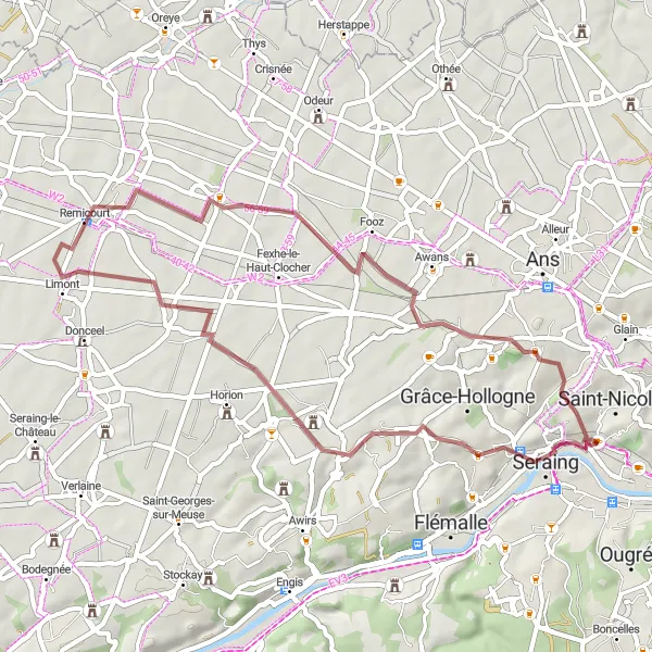 Map miniature of "Exploring Château d'Ordange: A Scenic Gravel Ride from Tilleur" cycling inspiration in Prov. Liège, Belgium. Generated by Tarmacs.app cycling route planner