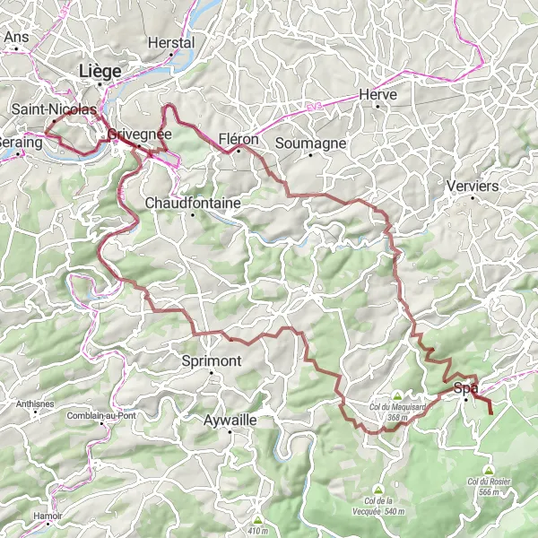 Map miniature of "Challenging Gravel Adventure: From Tilleur to Franchimont Castle" cycling inspiration in Prov. Liège, Belgium. Generated by Tarmacs.app cycling route planner