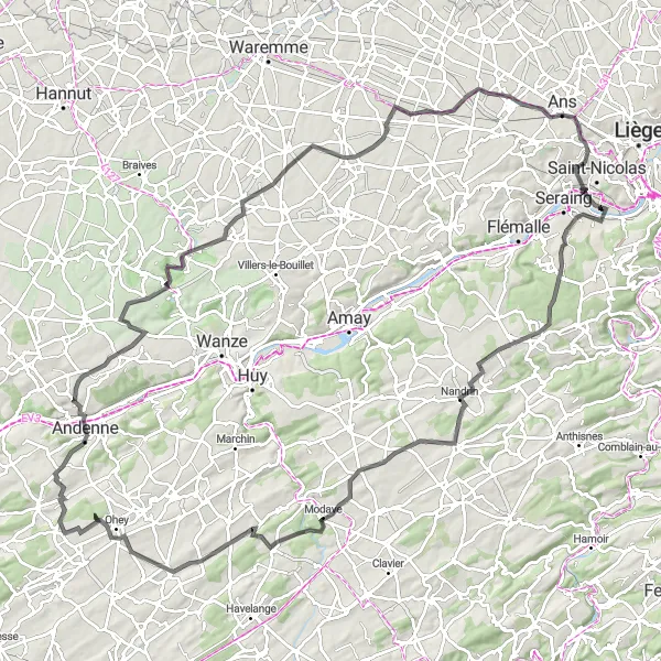 Karten-Miniaturansicht der Radinspiration "Hügelige Straßenfahrt nach Tilleur" in Prov. Liège, Belgium. Erstellt vom Tarmacs.app-Routenplaner für Radtouren