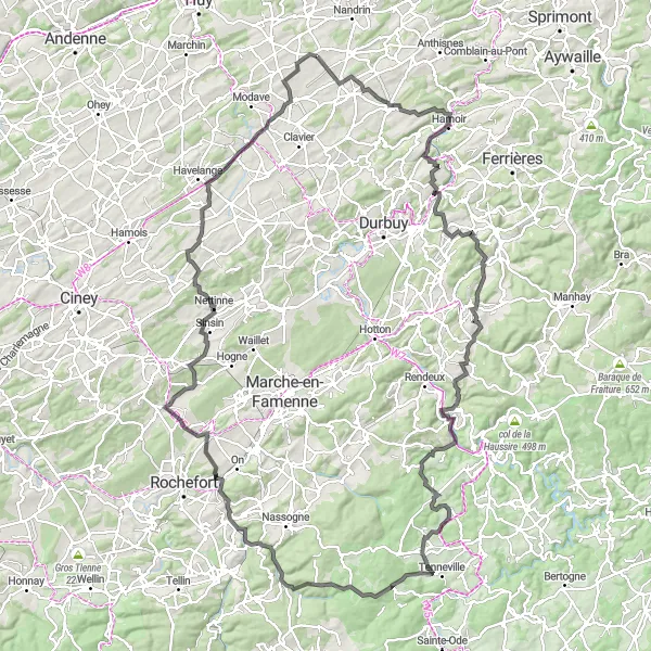 Map miniature of "Tour of Tinlot and Its Surroundings" cycling inspiration in Prov. Liège, Belgium. Generated by Tarmacs.app cycling route planner