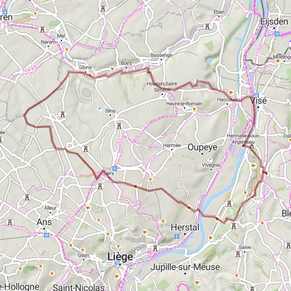 Map miniature of "Gravel Adventure to Liers" cycling inspiration in Prov. Liège, Belgium. Generated by Tarmacs.app cycling route planner