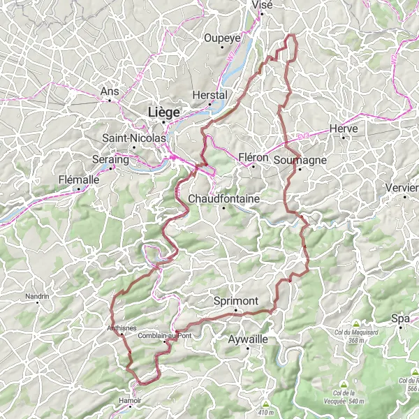 Miniatuurkaart van de fietsinspiratie "Gravelroute naar Trembleur en omgeving" in Prov. Liège, Belgium. Gemaakt door de Tarmacs.app fietsrouteplanner