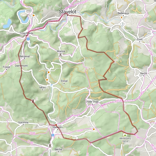 Map miniature of "Stavelot and Farnières Gravel Adventure" cycling inspiration in Prov. Liège, Belgium. Generated by Tarmacs.app cycling route planner