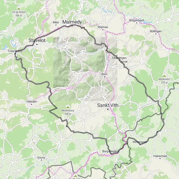 Map miniature of "Scenic Tour of Amel and Winterspelt" cycling inspiration in Prov. Liège, Belgium. Generated by Tarmacs.app cycling route planner