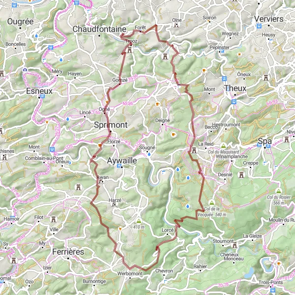 Miniature de la carte de l'inspiration cycliste "Les collines de Trooz et ses environs" dans la Prov. Liège, Belgium. Générée par le planificateur d'itinéraire cycliste Tarmacs.app