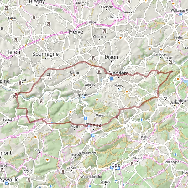 Miniatuurkaart van de fietsinspiratie "Trooz - Hèvremont - Fays - Trooz" in Prov. Liège, Belgium. Gemaakt door de Tarmacs.app fietsrouteplanner