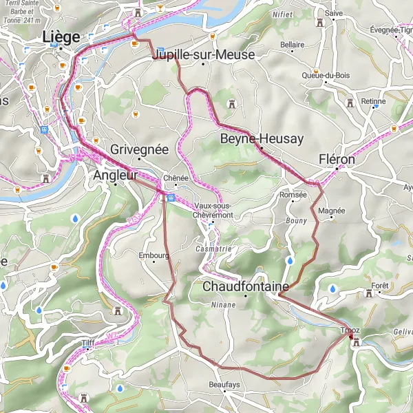 Miniature de la carte de l'inspiration cycliste "Les Châteaux de Trooz" dans la Prov. Liège, Belgium. Générée par le planificateur d'itinéraire cycliste Tarmacs.app