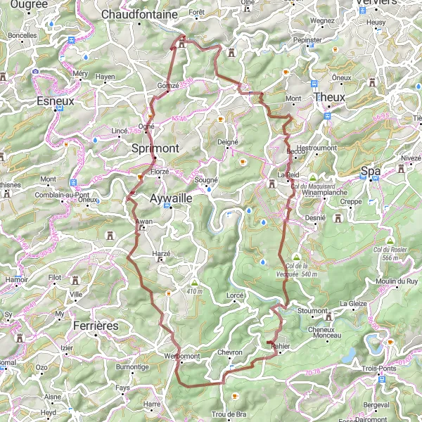 Map miniature of "Gravel Expedition - Trooz Discovery" cycling inspiration in Prov. Liège, Belgium. Generated by Tarmacs.app cycling route planner