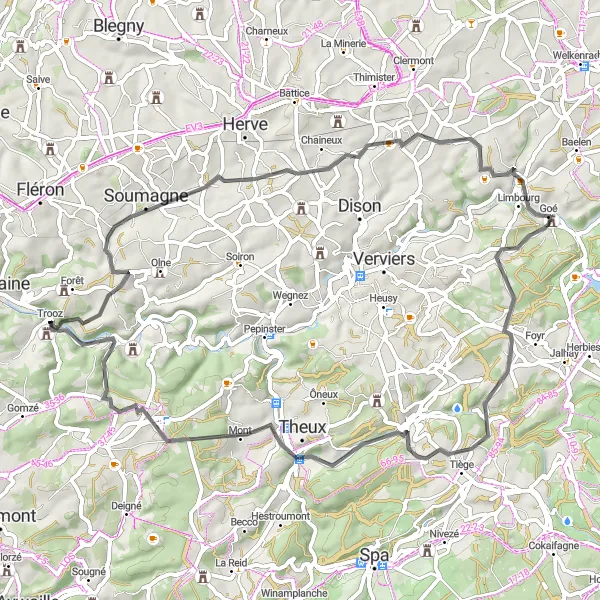 Map miniature of "Hills and Castles - Trooz Adventure" cycling inspiration in Prov. Liège, Belgium. Generated by Tarmacs.app cycling route planner