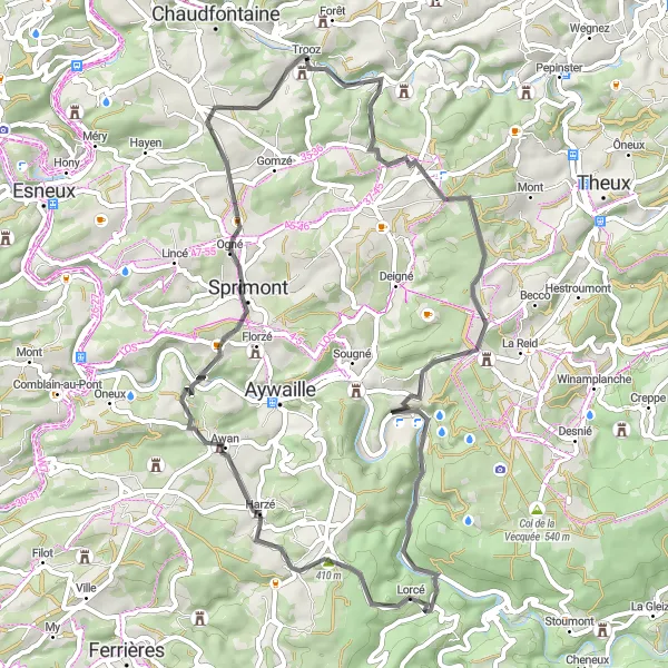 Karten-Miniaturansicht der Radinspiration "Road-Tour ab Trooz über 58 km" in Prov. Liège, Belgium. Erstellt vom Tarmacs.app-Routenplaner für Radtouren