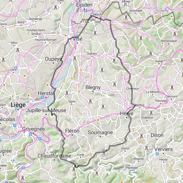 Miniatuurkaart van de fietsinspiratie "Trooz naar Trooz via Romsée en Charneux" in Prov. Liège, Belgium. Gemaakt door de Tarmacs.app fietsrouteplanner