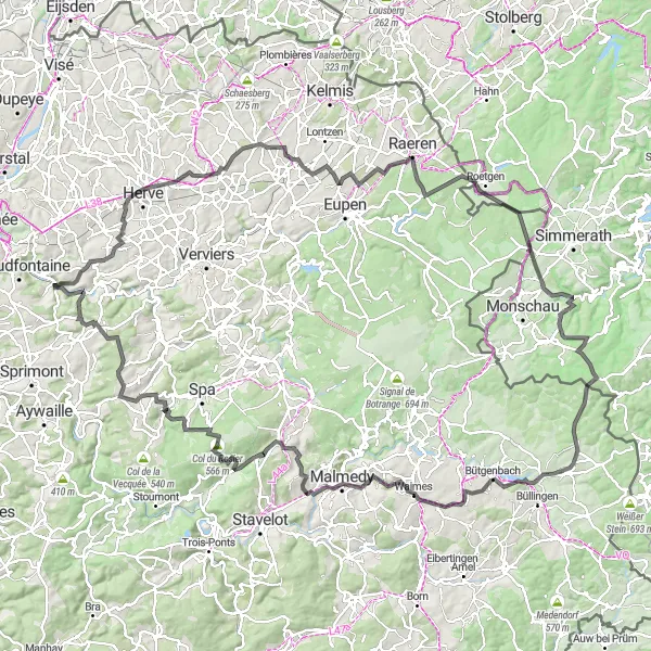 Miniature de la carte de l'inspiration cycliste "Tour des Châteaux et Montagnes" dans la Prov. Liège, Belgium. Générée par le planificateur d'itinéraire cycliste Tarmacs.app