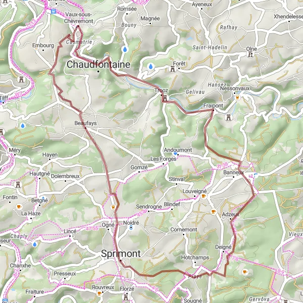 Miniature de la carte de l'inspiration cycliste "Les collines de Chaudfontaine" dans la Prov. Liège, Belgium. Générée par le planificateur d'itinéraire cycliste Tarmacs.app