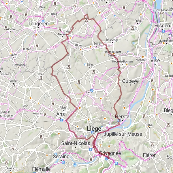 Miniature de la carte de l'inspiration cycliste "Côte et vallée de la Meuse" dans la Prov. Liège, Belgium. Générée par le planificateur d'itinéraire cycliste Tarmacs.app