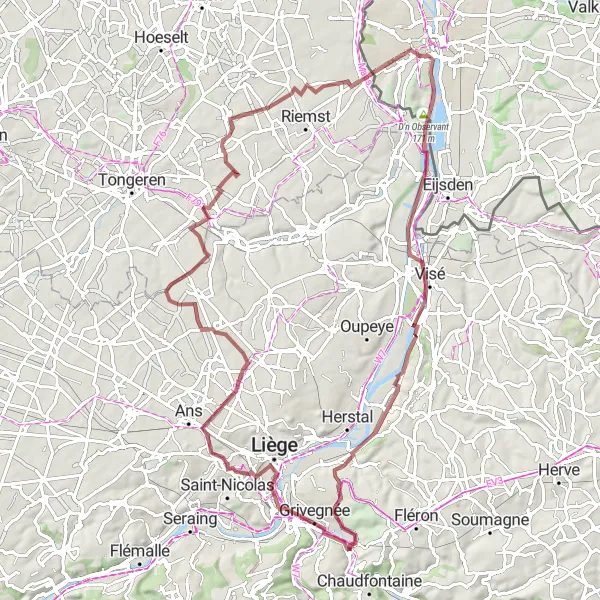 Map miniature of "Vaux-sous-Chèvremont Gravel Adventure" cycling inspiration in Prov. Liège, Belgium. Generated by Tarmacs.app cycling route planner