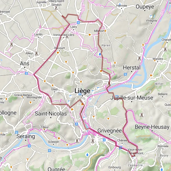 Map miniature of "Exploring Vaux-sous-Chèvremont and Beyond" cycling inspiration in Prov. Liège, Belgium. Generated by Tarmacs.app cycling route planner