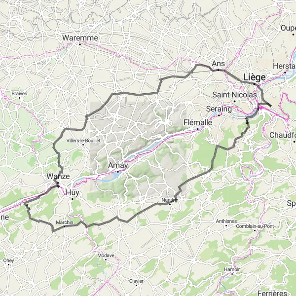 Miniature de la carte de l'inspiration cycliste "Route autour de Liège" dans la Prov. Liège, Belgium. Générée par le planificateur d'itinéraire cycliste Tarmacs.app