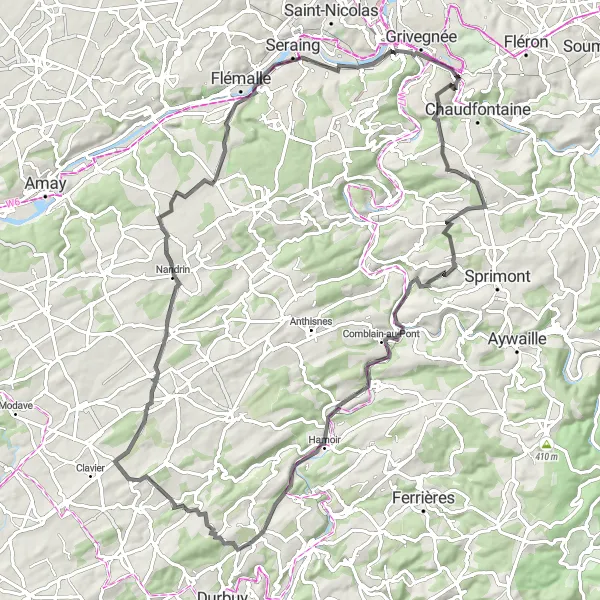 Miniatuurkaart van de fietsinspiratie "Scenic Route door de Condroz en Ourthe Vallei" in Prov. Liège, Belgium. Gemaakt door de Tarmacs.app fietsrouteplanner