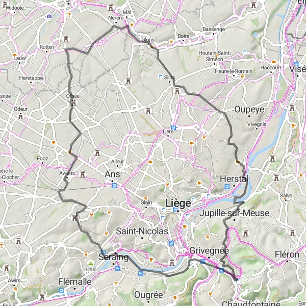 Miniature de la carte de l'inspiration cycliste "Boucle à la découverte des villages" dans la Prov. Liège, Belgium. Générée par le planificateur d'itinéraire cycliste Tarmacs.app