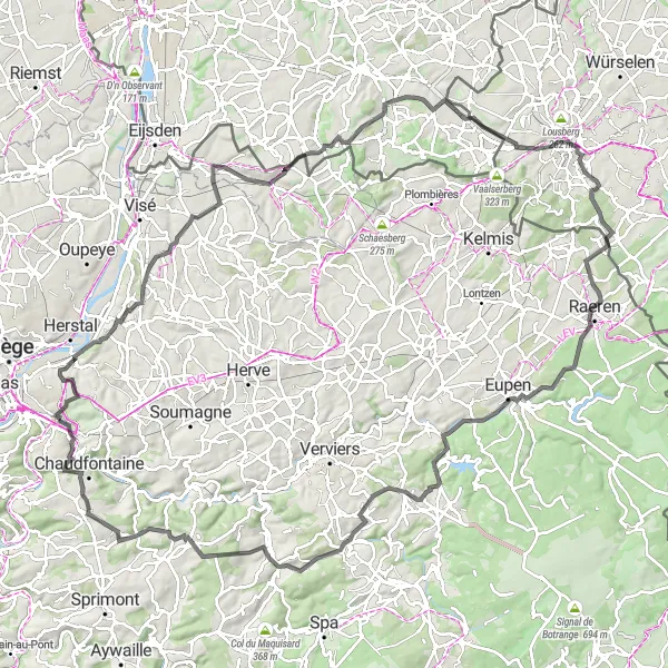 Map miniature of "Liège Surroundings Epic Loop" cycling inspiration in Prov. Liège, Belgium. Generated by Tarmacs.app cycling route planner