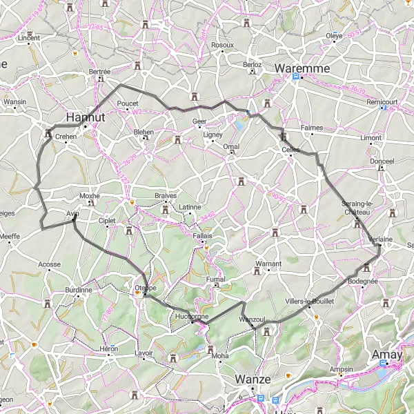 Miniatuurkaart van de fietsinspiratie "Verlaine naar Huccorgne naar Thisnes naar Hollogne-sur-Geer en terug" in Prov. Liège, Belgium. Gemaakt door de Tarmacs.app fietsrouteplanner
