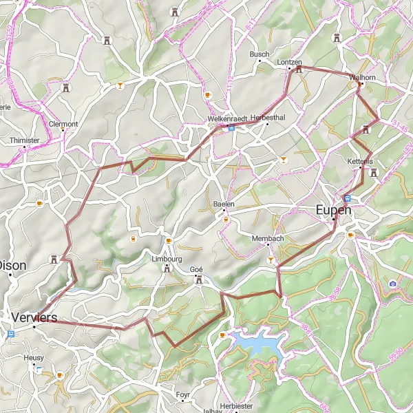 Map miniature of "Scenic Gravel Tour through Verviers and Surroundings" cycling inspiration in Prov. Liège, Belgium. Generated by Tarmacs.app cycling route planner