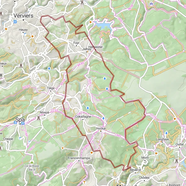 Map miniature of "Gravel Route from Verviers to Hèvremont" cycling inspiration in Prov. Liège, Belgium. Generated by Tarmacs.app cycling route planner