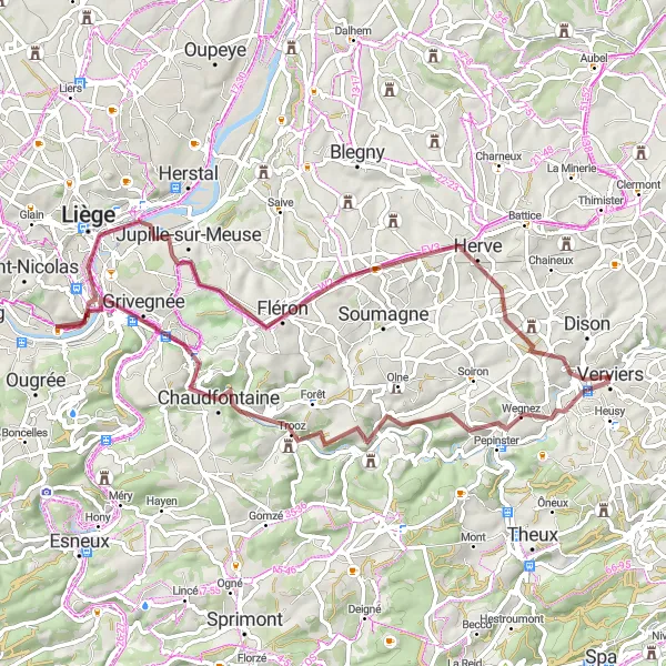 Miniature de la carte de l'inspiration cycliste "Les Collines de Liège" dans la Prov. Liège, Belgium. Générée par le planificateur d'itinéraire cycliste Tarmacs.app