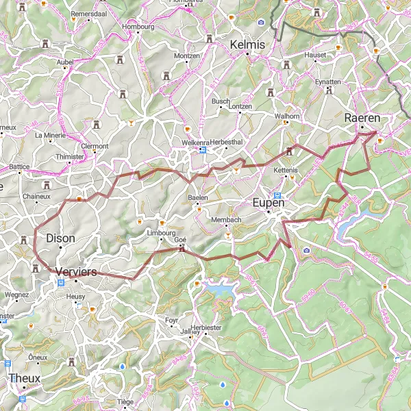 Miniature de la carte de l'inspiration cycliste "Parcours de vélo de gravier Elsaute-Limbourg" dans la Prov. Liège, Belgium. Générée par le planificateur d'itinéraire cycliste Tarmacs.app