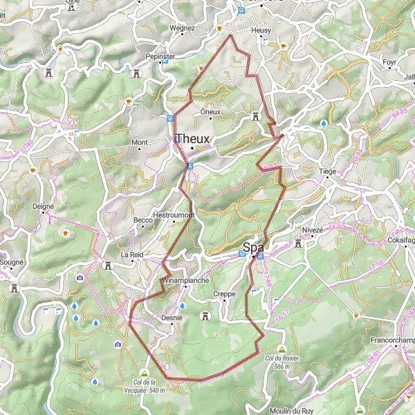 Miniature de la carte de l'inspiration cycliste "Les Collines de l'Est" dans la Prov. Liège, Belgium. Générée par le planificateur d'itinéraire cycliste Tarmacs.app