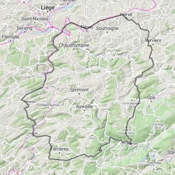 Karten-Miniaturansicht der Radinspiration "Herausfordernde Ardennenrundfahrt" in Prov. Liège, Belgium. Erstellt vom Tarmacs.app-Routenplaner für Radtouren