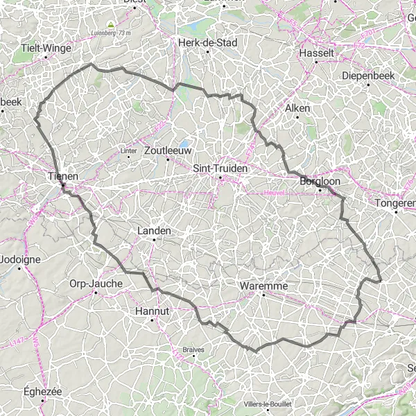 Miniature de la carte de l'inspiration cycliste "A la Découverte des Châteaux et Burchts" dans la Prov. Liège, Belgium. Générée par le planificateur d'itinéraire cycliste Tarmacs.app