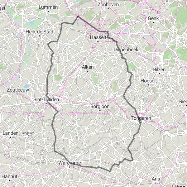 Miniature de la carte de l'inspiration cycliste "La Route des Châteaux et Canaux" dans la Prov. Liège, Belgium. Générée par le planificateur d'itinéraire cycliste Tarmacs.app