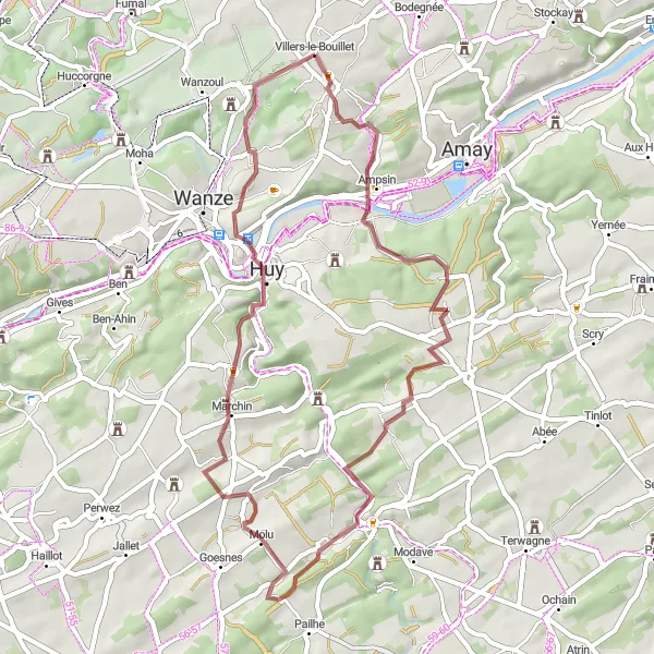 Map miniature of "Villers-le-Bouillet Gravel Route" cycling inspiration in Prov. Liège, Belgium. Generated by Tarmacs.app cycling route planner