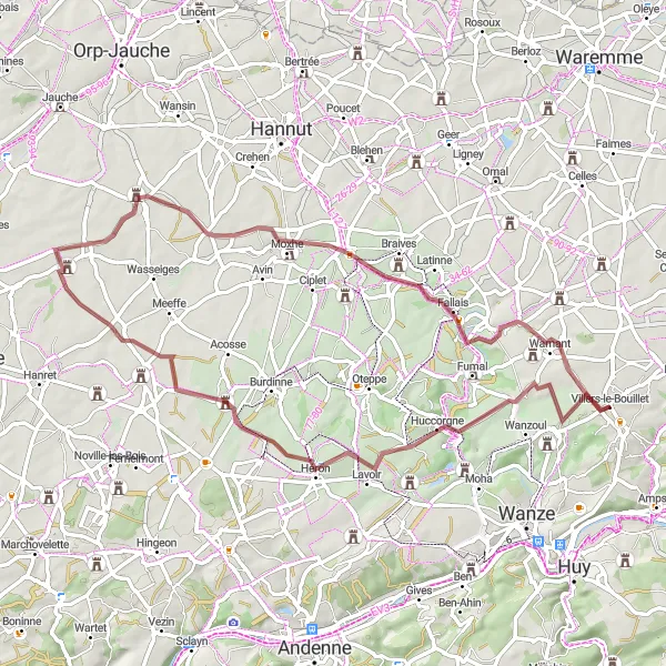 Map miniature of "Gravel Ride around Villers-le-Bouillet" cycling inspiration in Prov. Liège, Belgium. Generated by Tarmacs.app cycling route planner
