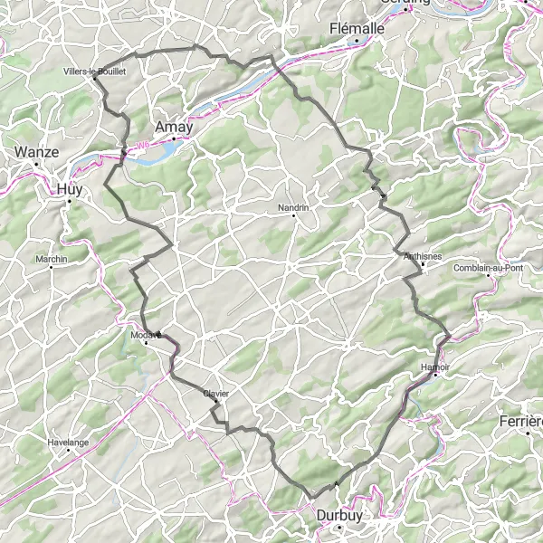 Karten-Miniaturansicht der Radinspiration "Schloss- und Naturroute rund um Villers-le-Bouillet" in Prov. Liège, Belgium. Erstellt vom Tarmacs.app-Routenplaner für Radtouren