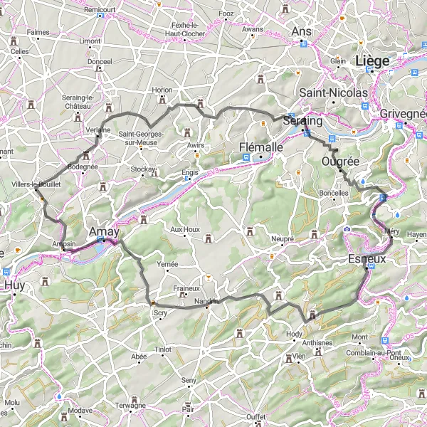 Miniature de la carte de l'inspiration cycliste "Le Tour des Châteaux et des Abbayes" dans la Prov. Liège, Belgium. Générée par le planificateur d'itinéraire cycliste Tarmacs.app