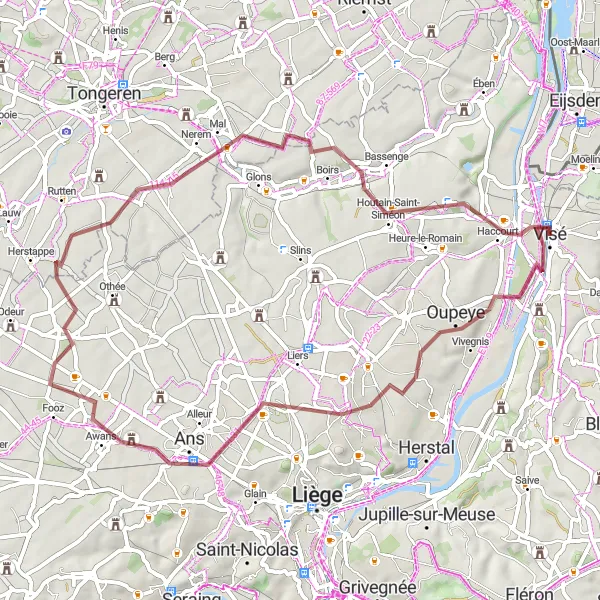 Miniature de la carte de l'inspiration cycliste "Les collines de Liège en gravier" dans la Prov. Liège, Belgium. Générée par le planificateur d'itinéraire cycliste Tarmacs.app