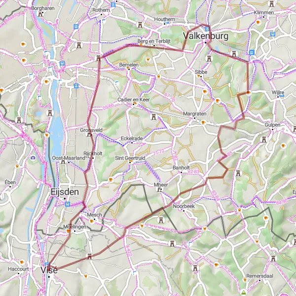 Map miniature of "Exploring the enchanting villages of Limburg" cycling inspiration in Prov. Liège, Belgium. Generated by Tarmacs.app cycling route planner