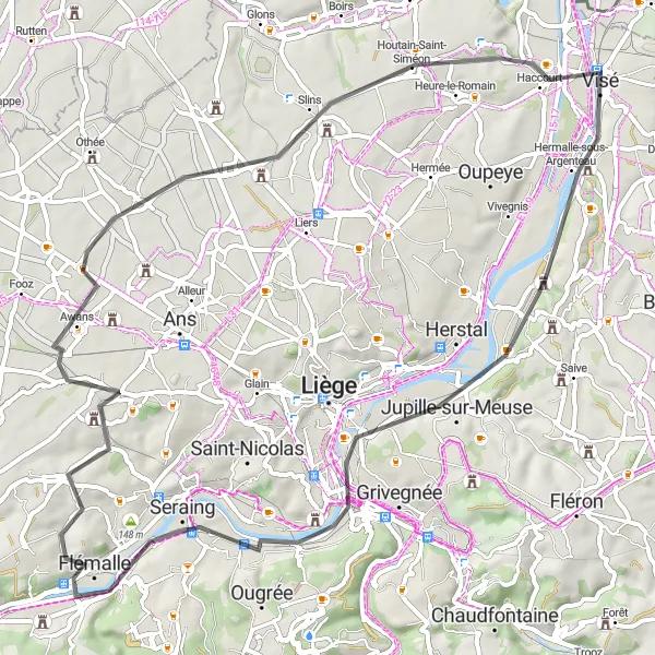 Map miniature of "Cycling adventure along the Meuse River" cycling inspiration in Prov. Liège, Belgium. Generated by Tarmacs.app cycling route planner