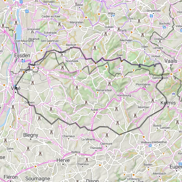 Karten-Miniaturansicht der Radinspiration "Hügelige Straßen von Visé nach Dalhem" in Prov. Liège, Belgium. Erstellt vom Tarmacs.app-Routenplaner für Radtouren