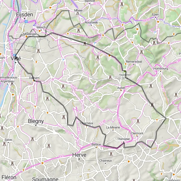 Karten-Miniaturansicht der Radinspiration "Herausforderung um Visé und Dalhem" in Prov. Liège, Belgium. Erstellt vom Tarmacs.app-Routenplaner für Radtouren